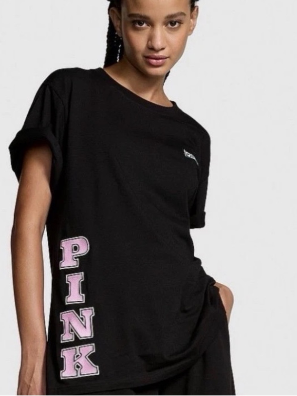 NEW!💗PINK VS Limited Edition Pink Friday Black Campus Crew Tee Pink Logo!Sz-M!